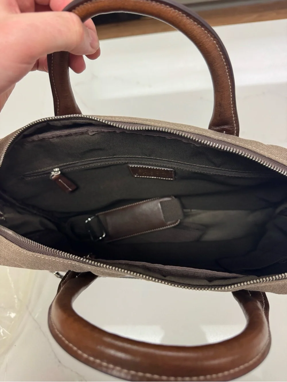 Bosca Taupe Canvas Briefcase with Brown Leather Trim